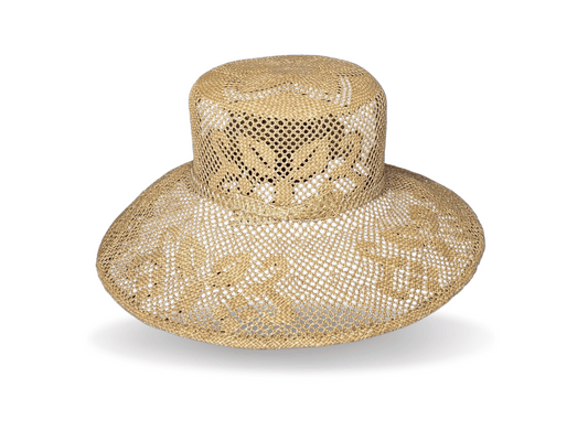 This vintage, knotted straw has a floral pattern and is trimmed with a vintage, waxed, cotton-braid band. The broad brim is turned down and reinforced to keep its shape. Noosa Sundays