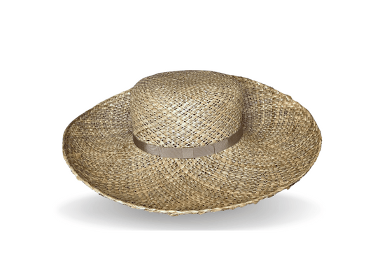 Loosely hand-woven straw with a rustic edge, and trimmed with narrow vintage grosgrain band.  Noosa Sundays