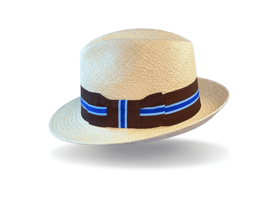 Authentic hand-woven Ecuadorian Panama, finished with a vintage dark brown + two-tone blue band and flat bow. Noosa Sundays