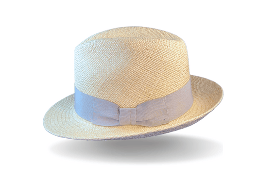 Authentic hand-woven Ecuadorian Panama, finished with a grey band and flat bow.  Noosa Sundays