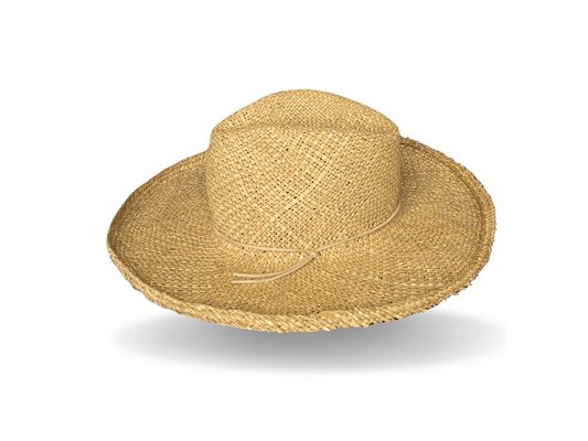 Woven straw in natural with a rustic edge, and trimmed with a narrow, knotted cord. Noosa Sundays